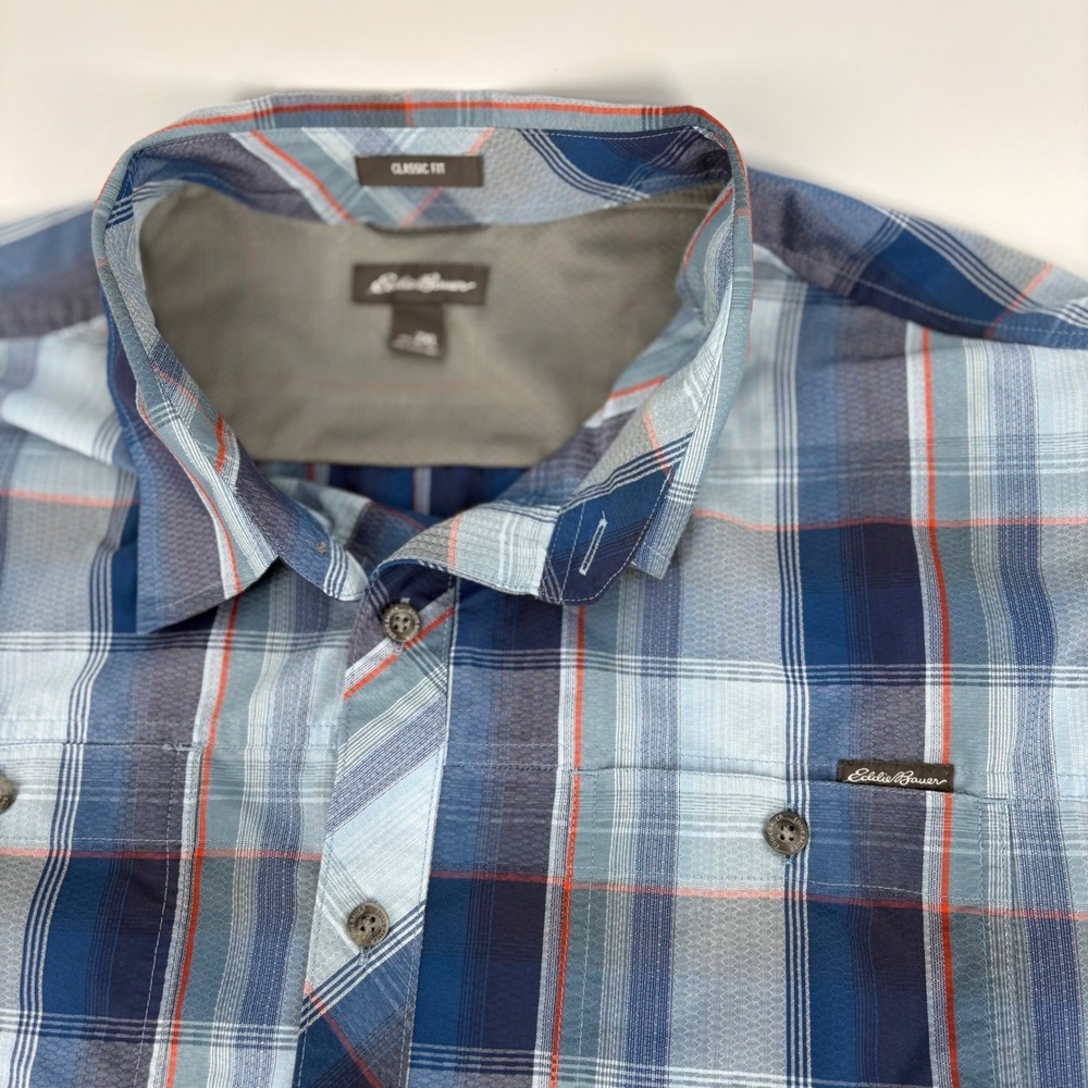 Eddie Bauer Mens 2XL Classic Fit Plaid Short Sleeve Button‎ Down Shirt Blue Grey
